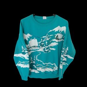 Lifestyles 80's Teal Winter Cabin Puff Print Sweatshirt Oversized One Size